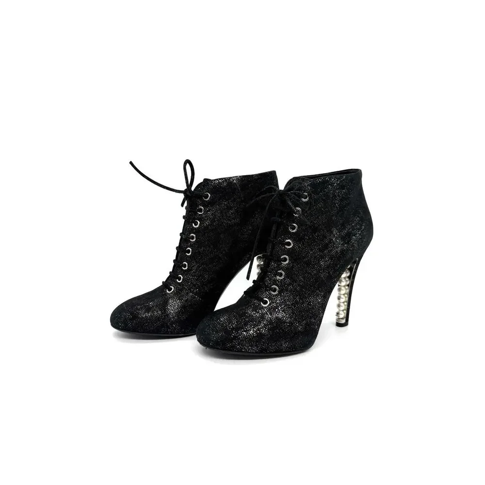 Chanel Pearls Heel Ankle Boot Velvety Black Leather Lace Up EU 39.5 US 9.5